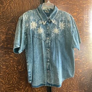Stylish Retro denim embroidered and beaded shirt